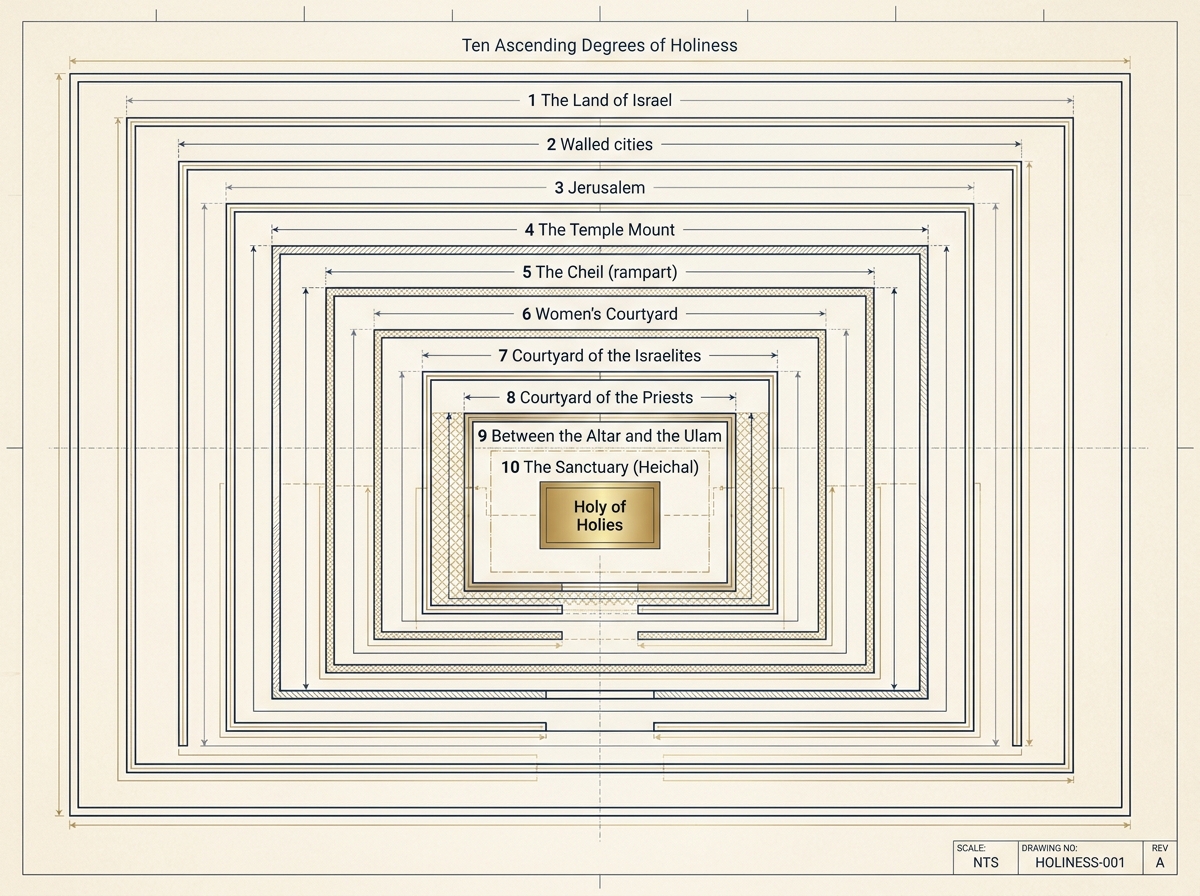 The ten ascending degrees of holiness, nested from the Land of Israel to the Holy of Holies
